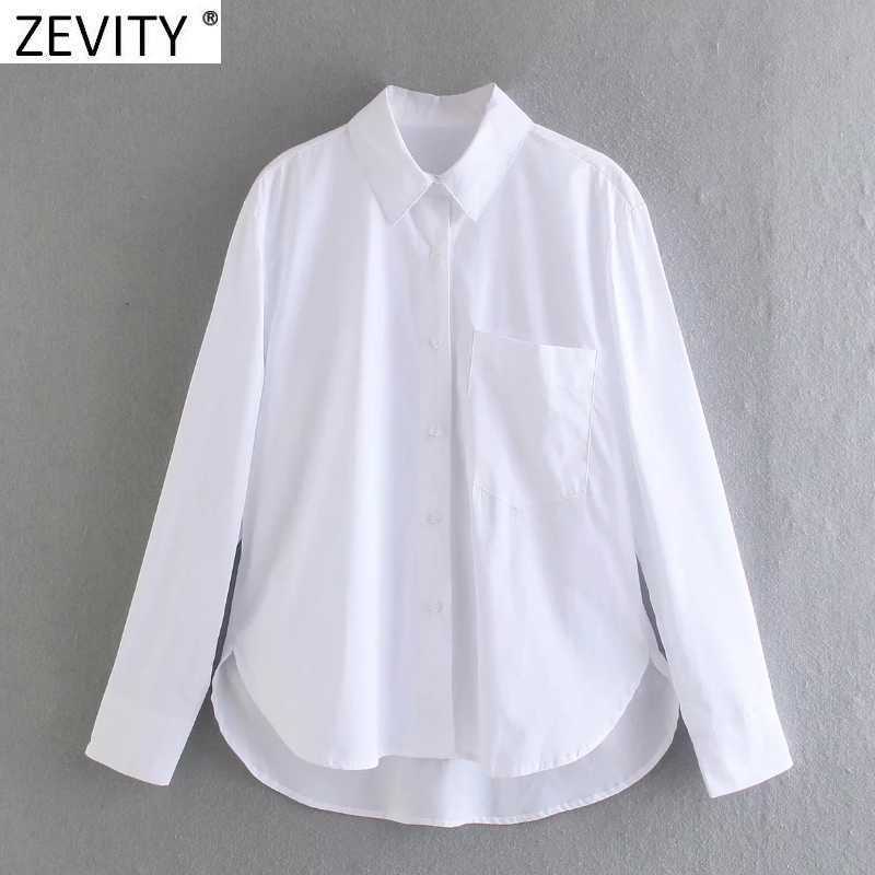 

Zevity Women Fashion Turn Down Collar White Smock Blouse Office Ladies Single Pocket Business Shirts Chic Blusas Tops LS7699 210603, As pic ls7699cc