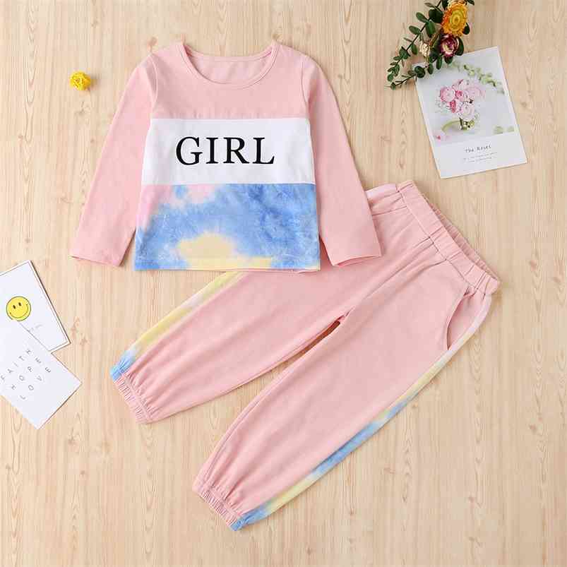 

Winter Children Sets Casual Long Sleeve Patchwork Letter T-shirt Pink Trousers 2Pcs Girls Clothes 18M-6T 210629