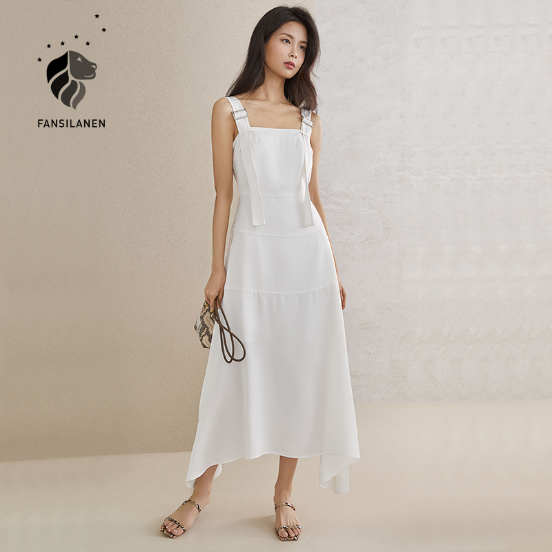 

fansilanen sleeveless elegant long white linen dress women office lady slim summer dress female asymmetrical boho dress, Black;gray