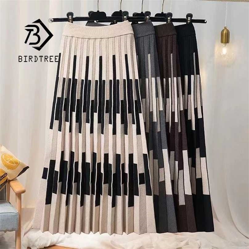 

Autumn Winter Loose Pleated Skirt Warm A-line Print Midi s Casual Knitted High Waist Long B18405X 211109, Apricot