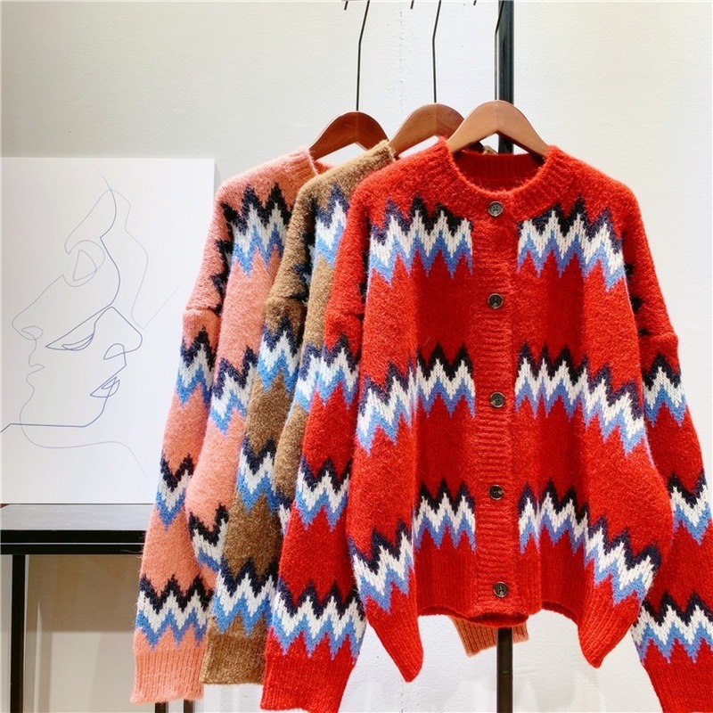 

women's knits & tees wind wave striped sweater coat jacquard knitted cardigan women spring autumn new loose korean fashion outwear, White