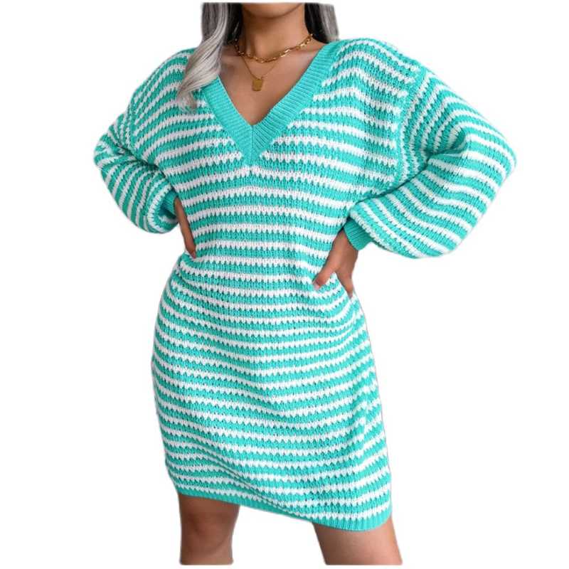

Women' Sweaters Autumn 2021 Europe-USA Style Women/Girl 100% Acrylic V-Neck Striped Prited Hollow Out Long Sleeve Package Buttocks Sweater, Pink