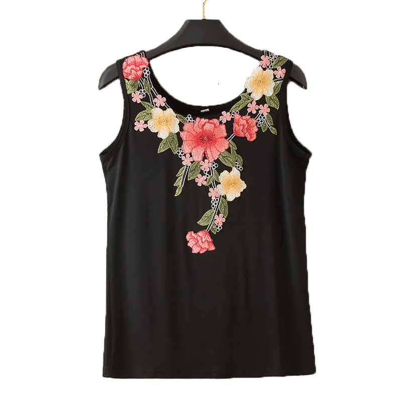 

Women's Tanks & Camis Spring Summer Tank Tops Women Casual Sleeveless Round Neck T Shirt Ladies Floral Embroidery Slim Thin Vest P, 4 black
