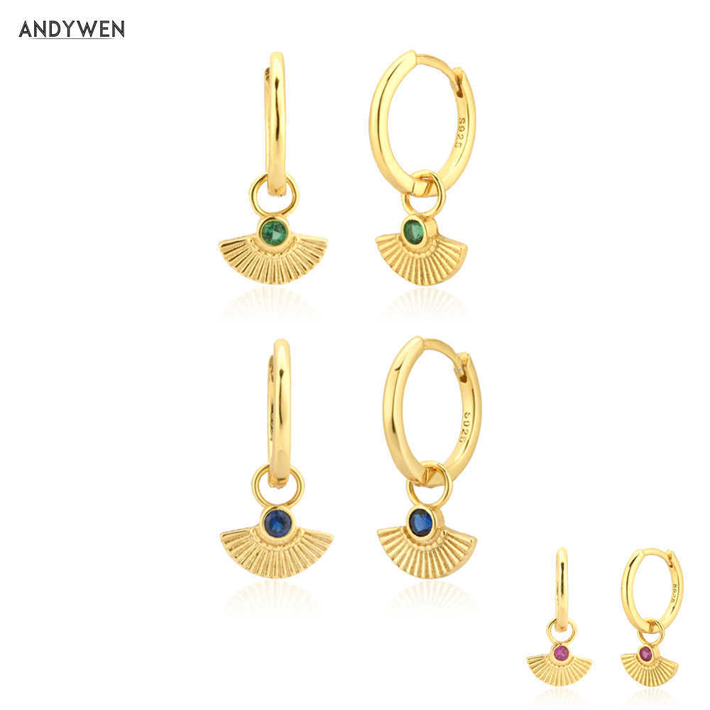 

ANDYWEN 925 Sterling Silver Three Zircon Green Blue Rose Red Scallop Pendant Drop Earring Fashion Jewelry CZ Party Wedding Jewel 210608