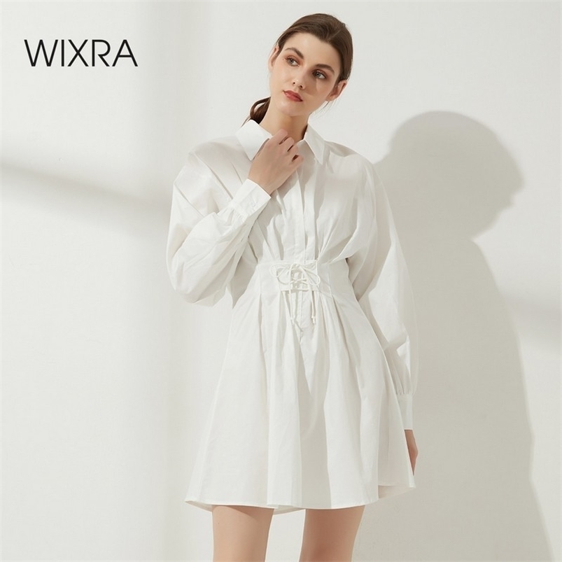 

Wixra Lace Up Dresses Turn-Down Collar Empire White Short Clothing Cotton Shirts Summer Autumn 210701, Black