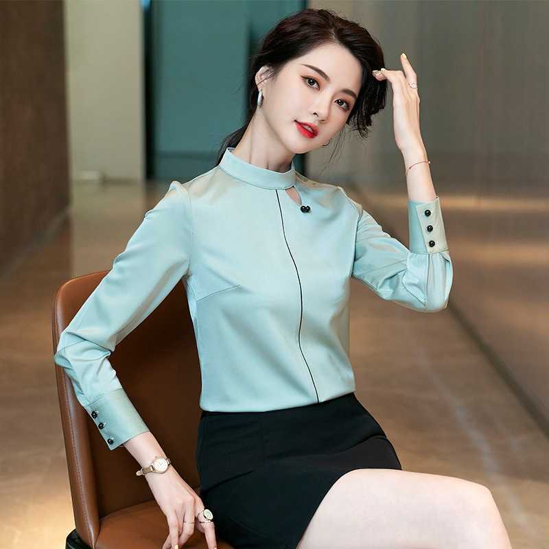 

Large size S- professional overalls ladies shirt fashion long sleeve bottoming solid color Office top 210527