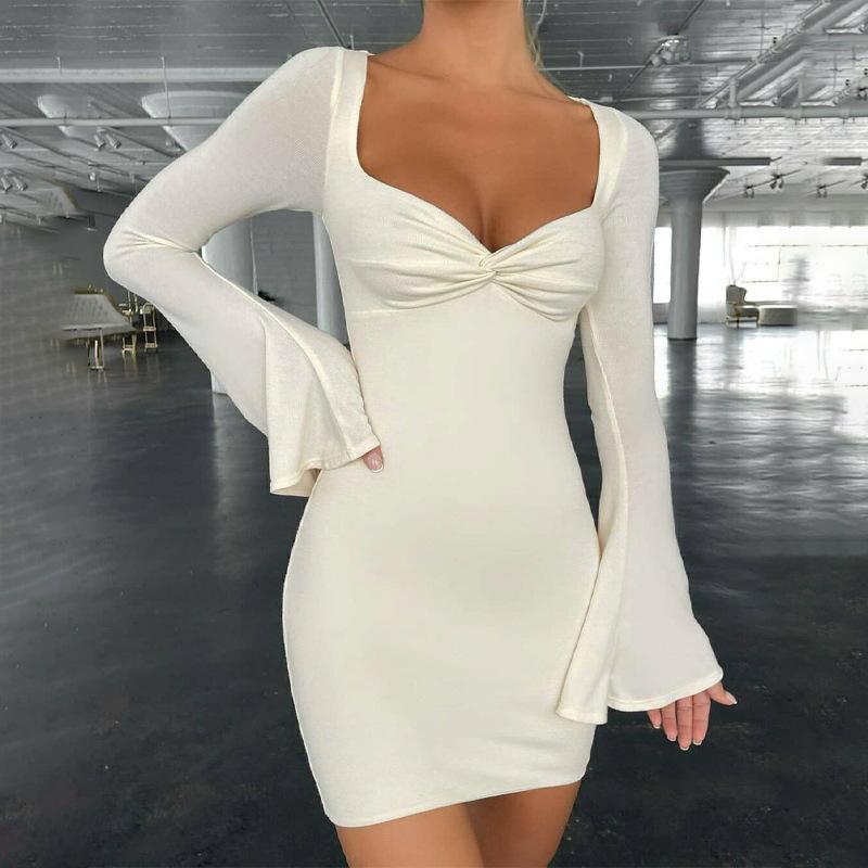 

Casual Dresses Autumn 2021 Women White Long Sleeve Mini Dress Sexy Cross Square Collar Flare Orange Tight Woman Party Club Outfits