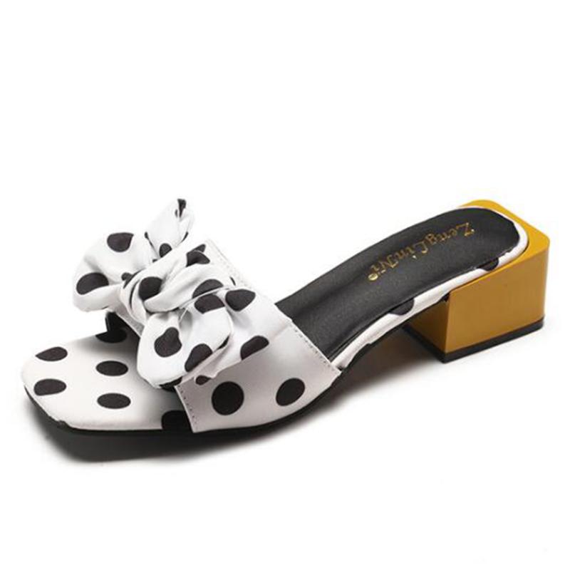 

Slippers Fashion Open Toe Summer Women's Bow Polka Dot High Heel Slides Square Ladies Slip On Sandals Xx140, Black