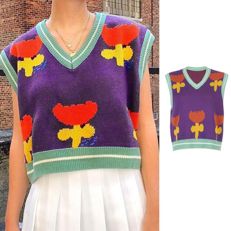 

Women's Vests Women Knitted Sleeveless Vest Harajuku Contrast Colored Floral Jacquard Sweater Oversized Loose V-Neck Pullover Tank Top, Purple