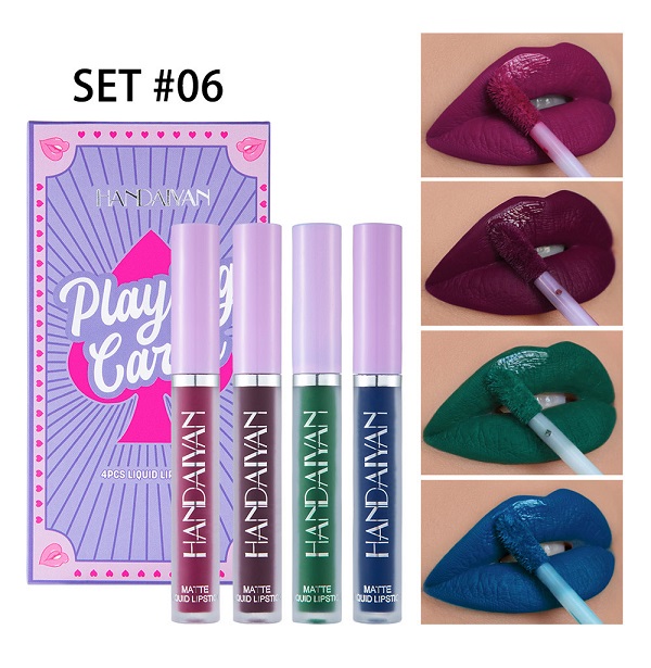 

Lipsticks Green /blue/purple lipstick New Poker packing 4 colors in one box Matte fog effect non stick cup lip stick waterproof do not fade easily containing Vitamin, As pic