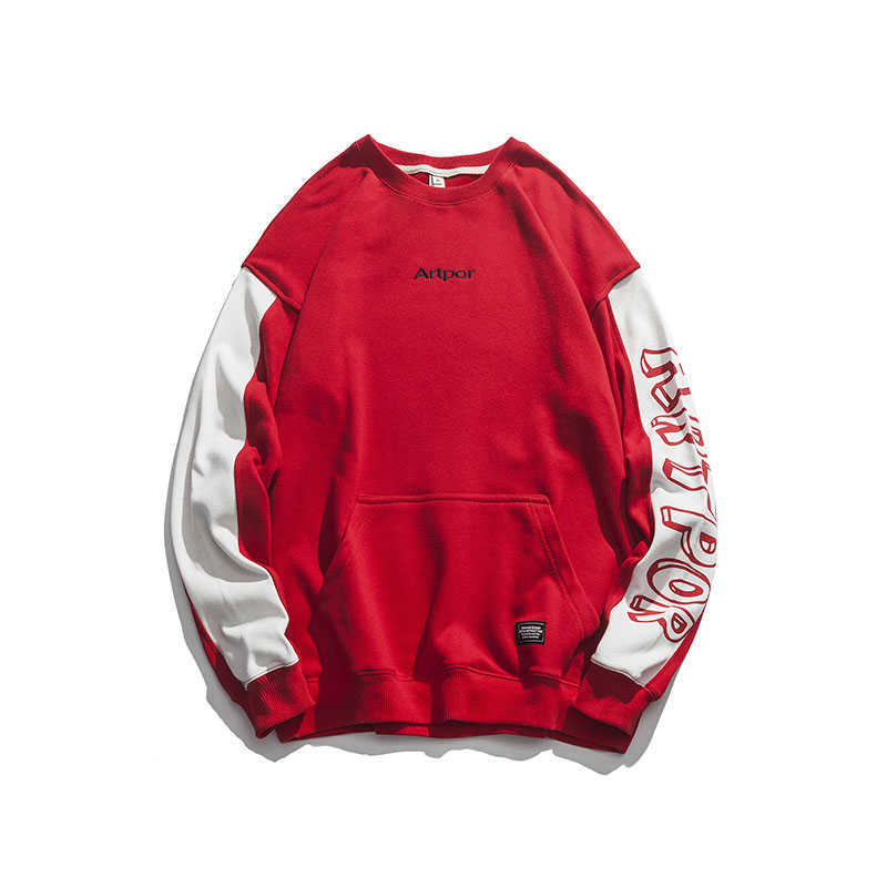 

Patch Design Street Style Fleece Hoodies Autumn O-Neck America Style Casual Sweatshirts Pullover Thicken Cotton Terry 210603, Red