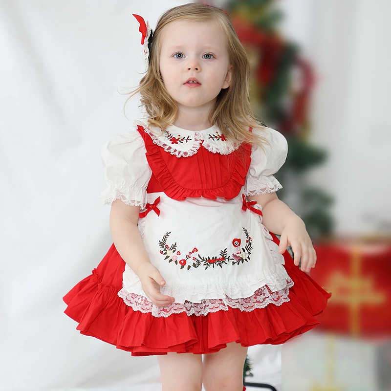 

2Pcs Baby Girls Spanish Royal Dresses Toddler Princess Lolita Ball Gown Infant Birthday Embroidery Clothes Kids Boutique Dress 210615, Red