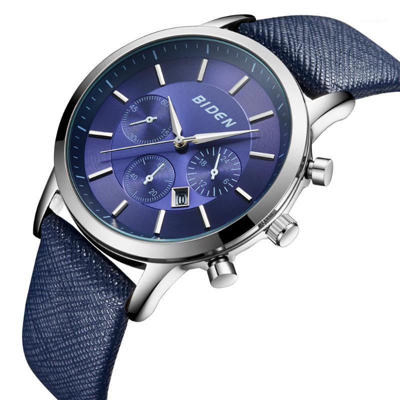 

Wristwatches Fashion Men Sport Watch Genuine Leather Waterproof Business Casual Quartz Wristwatch For Classic Blue Luxury BIDEN Brand, White