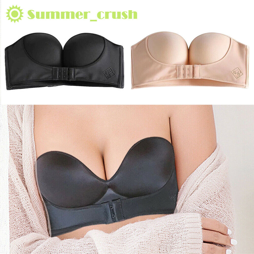 

Women Sexy Strapless Push Up Bra Front Closure Bralette Invisible Bras Underwear, Red;black
