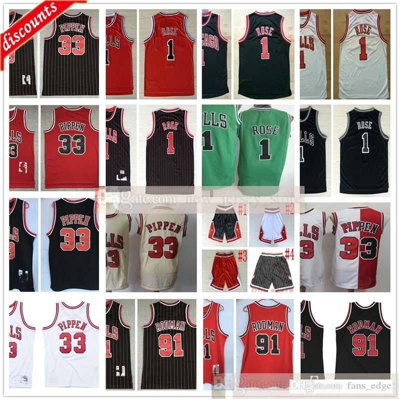 

Retro Basketball 33 Scottie 91 Dennis Pippen Rodman Jerseys Wholesale Derrick Black 1 Rose Jerseys Black Red Stripe White Shorts