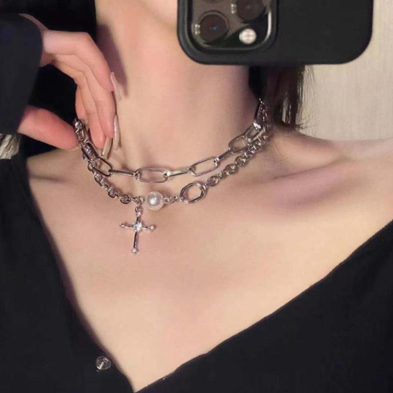 

Pendant Necklaces 2021 Kpop Vintage Goth Pearl Cross Chain Choker Necklace For Women Men Egirl Friends Hip Hop Street Jewellery Accessories