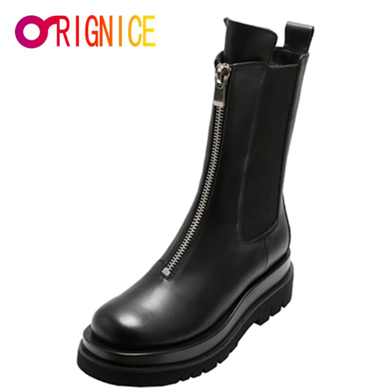 

Boots Orignice Ankle Motorcycle Women Platform Thick Bottom Round Toe Genuine Leather Zipper Black All Match Handsome Shoes
