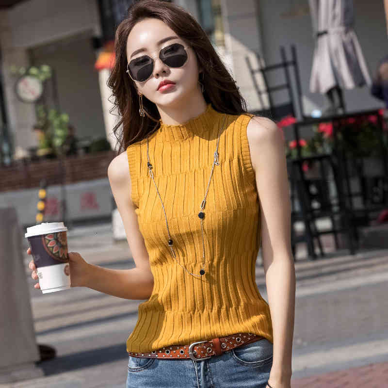 

Women' Tanks & Camis Knitted Half Turtleneck Tank Top Women Clothes New Fashion Summer Sweater Womens Tops And Blouses Sleeveless Vetement, Khaki