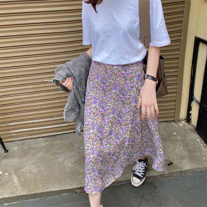 

Spring Vintage Floral Print Ruffle Pleated Long Skirts Women Korean Streetwear Drawstring Elastic Waist Midi 210708, 76cm(black)