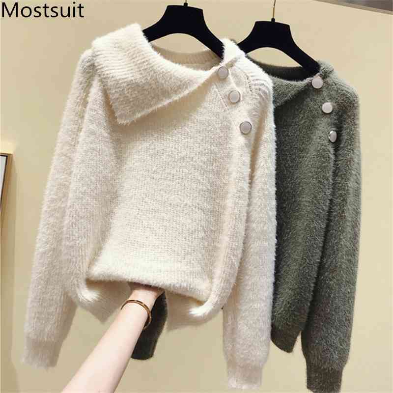 

Spring Faux Mink Knitted Sweater Pullover Women Full Sleeve Turn-down Collar Buttons Casual Fashion Korean Tops Sweaters 210518, Beige