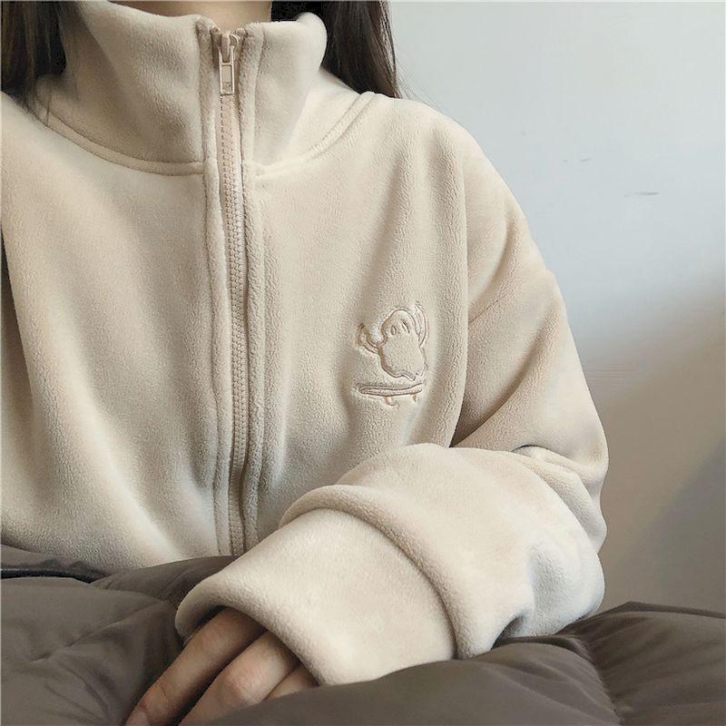 

women's jackets sweater cardigan giant warm small stove hoodie girl cute padded orly fleece high neck zipper solid color lady coat, Black;brown