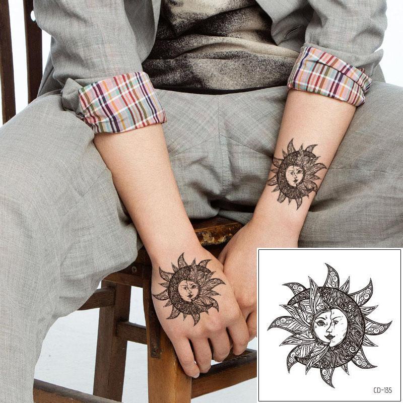 

Temporary Tattoos Fake Black Sun Face Flower Tattoo Design India Henna Cool For Woman Man Full Hand Neck Leg Arm Body Art Sticker