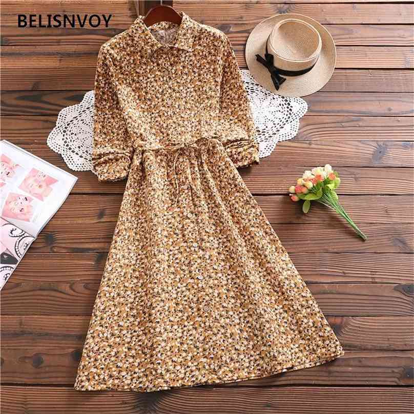 

Japanese Mori Girl Small Flower Corduroy Dress Autumn Winter Women Long Sleeve Floral Printed Vintage Dresses Vestidos Longo 210520, Yellow
