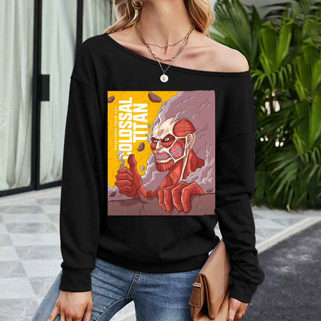 

Women Inclined Shoulder Thicken Sweatshirts Ladies Anime Pattern Printing Tops Autumn Winter Long Sleeve Skew Collar Casual Loose Sport Street Wear Pullovers, Black 2