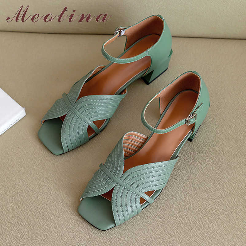 

Meotina Summer Sandals Shoes Women Natural Genuine Leather Thick Heel Ankle Strap Shoes Real Leather Buckle Sandals Ladies 33-40 210608, Beige
