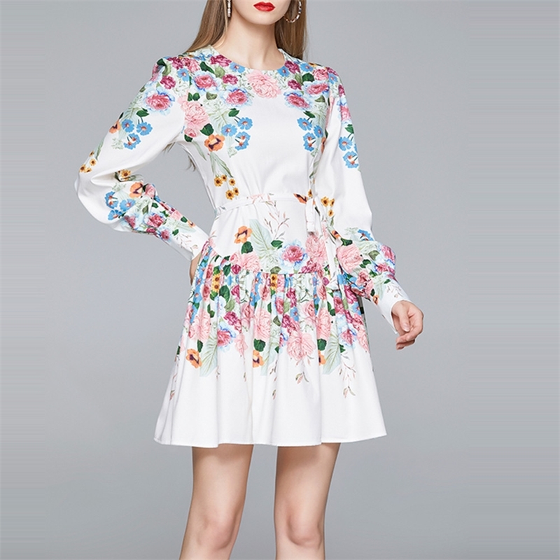 

Fashion Runway Autumn Women Lantern Long Sleeve Multicolor Floral Print Dress Boho Holiday Beach Ladies Mini Dresses 210520, Photo color