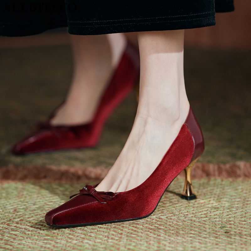 

ALLBITEFO high quality genuine leather+flock bowtie gold heels wedding women shoes brand high heel shoes women high heel shoes 210611, As picture