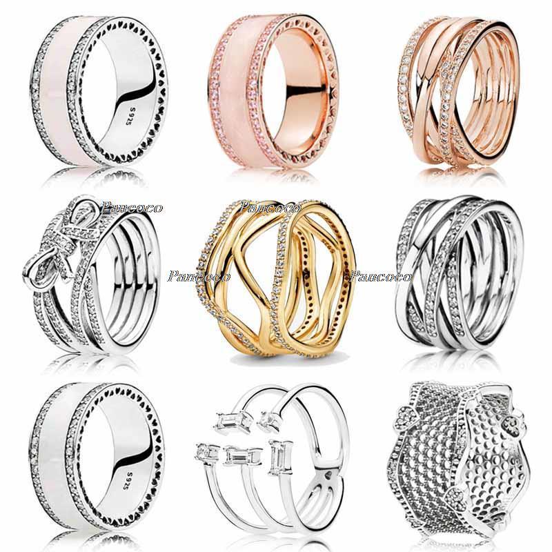 

Cluster Rings 925 Sterling Silver Ring Delicate Sentiments Ribbon Twisting For Women Wedding Party Jewelry, Golden;silver