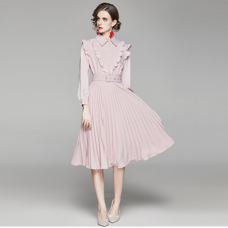 

2020 New Autumn Ruffles Pink Chiffon Dress Women Long Sleeve Slim Waist Belted Pleated Dress Female Pearls Button Midi Dress, Black;gray