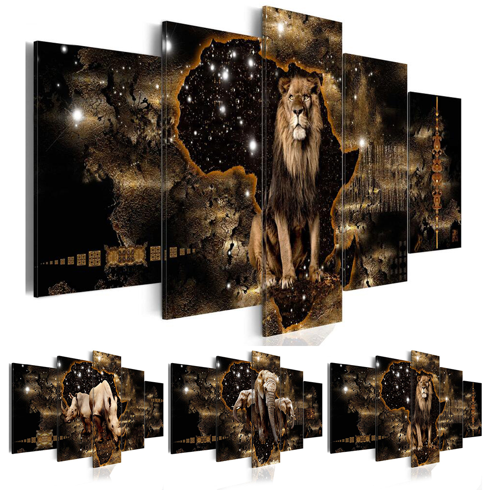

5 Pieces Fashion Wall Art Canvas Painting Abstract Golden Texture Animal Lion Elephant Rhinoceros Modern Home Decoration