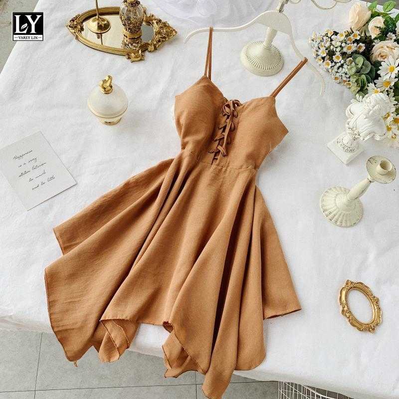 

LY VAREY LIN Summer Women V Neck Sleeveless High Waist Dress Sexy Spaghetti Strap es Female Ladys Sash Tie Up 210526, Khaki