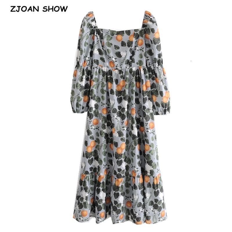 

Casual Dresses 2021 Spring Retro Leaves Floral Print Women Midi Dress Woman Vintage French Square Collar Chiffon Long sleeve Holid, Short sleeve