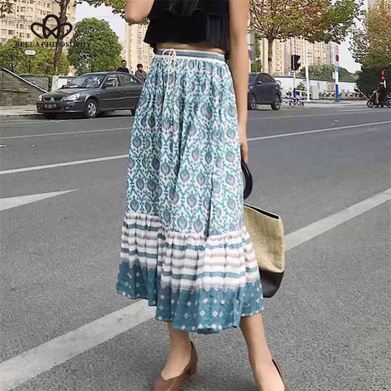 

spring women print skirts fashion vintage lace up mid calf casual empire elasticated 210519, Blue