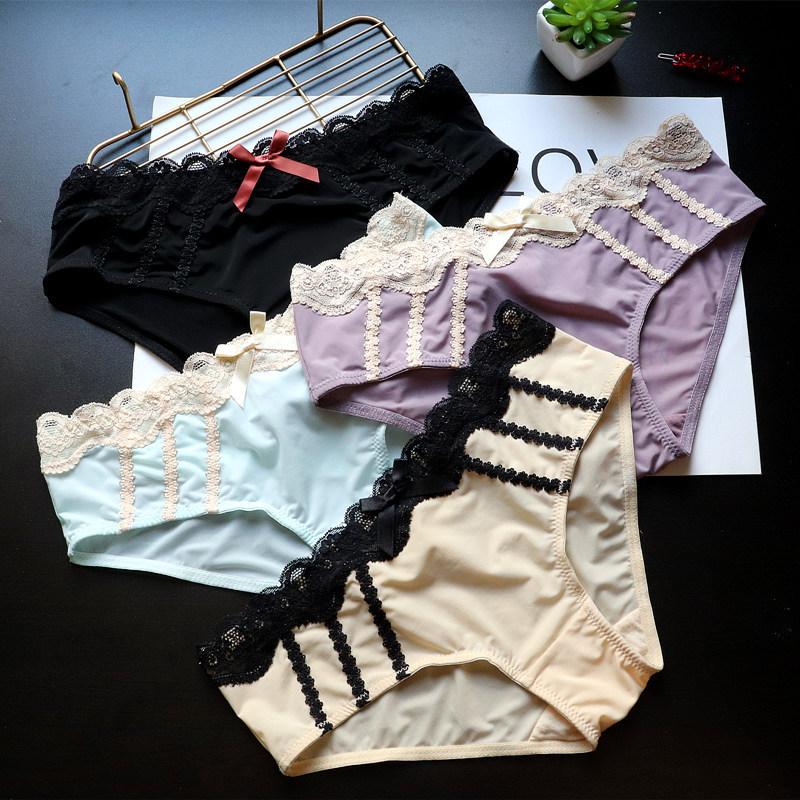 

Women's Panties Cotton Underwear Briefs Lace Ice Silk Comfort Seamless Girls Underpants Fashion Low Waist Ladies Lingerie, Black;pink