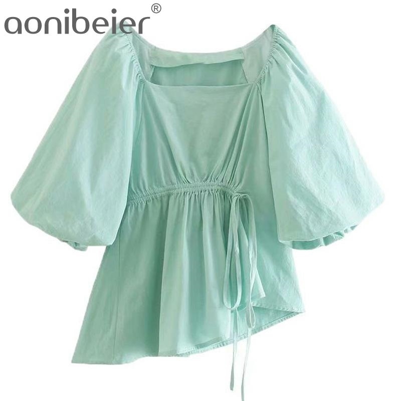 

Green Asymmetric Tops Summer Fashion Puff Sleeve Ruched Drawstring Design Women Casual Blouses Female Pullovers 210604, Gr