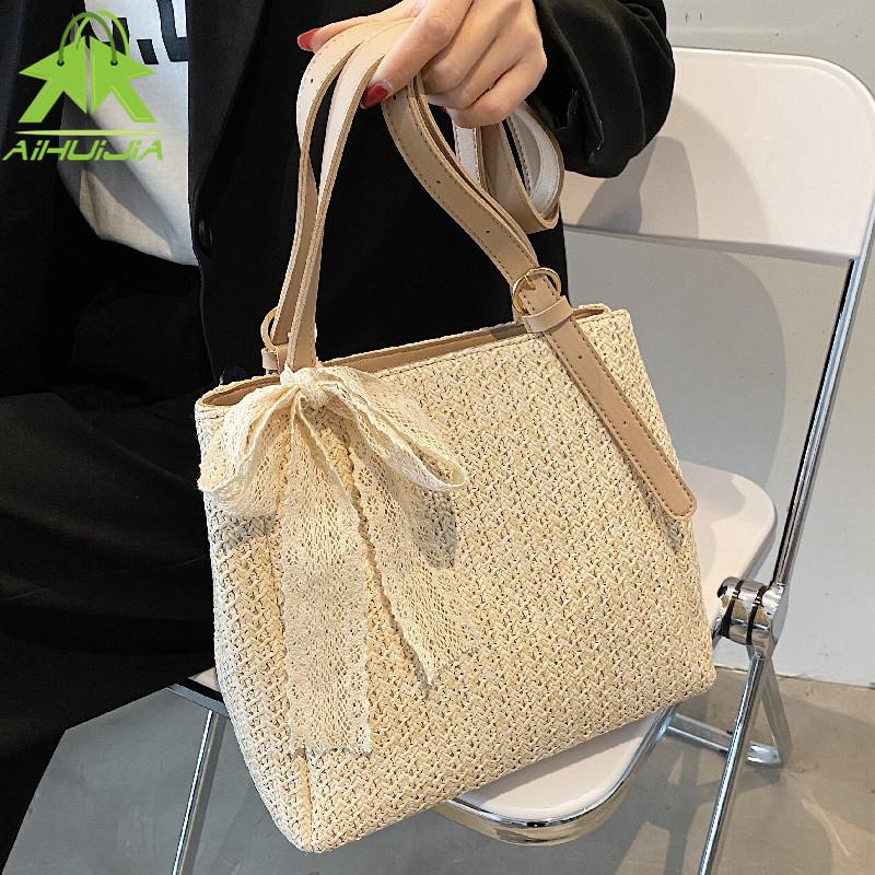 

Cross Body Fashion Ladies Straw Bag Large-capacity Hand-woven Handbag 2021 Summer Bohemian Ribbon Design Beach Shoulder Rattan Bags, Beige