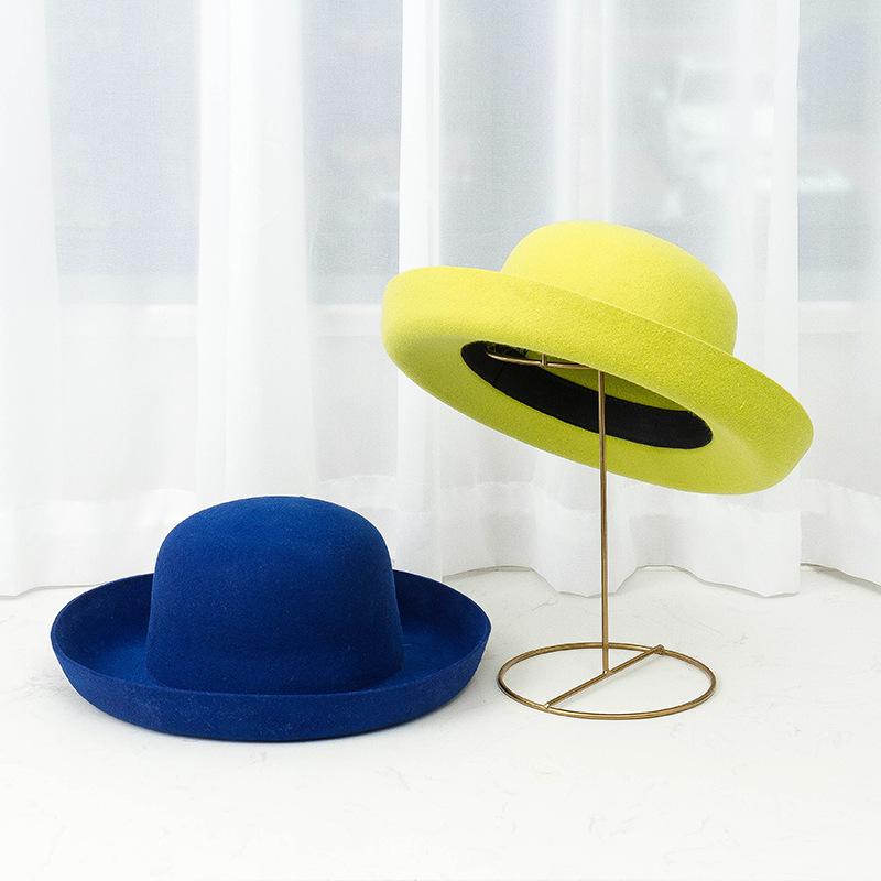 

Berets Women Fashion Roll Felt Hat, Trip Selfie Bowler Free Size Candy Color Personal Style Cap With Yellow/Blue
