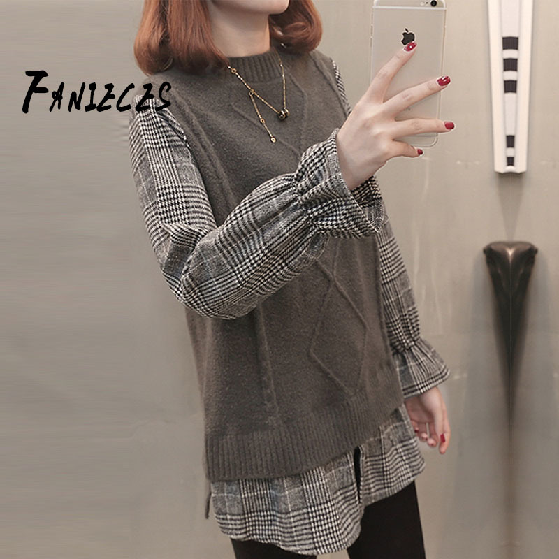 

Fall Sweater Pullovers Fake 2 Two Piece Bottoming Shirt England Style Plaid Long Sleeve Fashion Casual Knitting cute Top 210520, Black