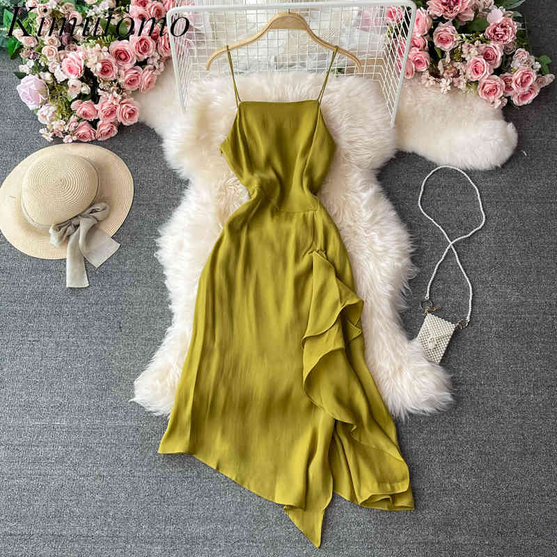 

Kimutomo Vintage Off Shoulder Dress Sleeveless Summer Holiday Style Female Irregular Ruffles Slim High Waist Solid Vestidos 210521, Green