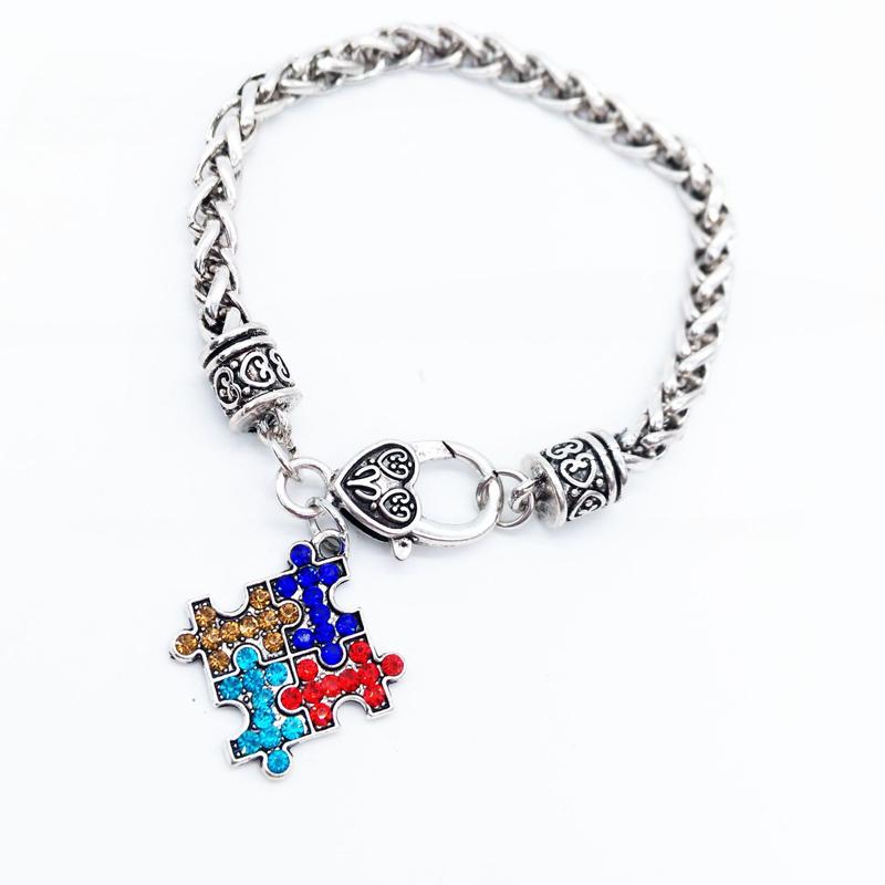

Autism Awareness Bracelet Rhinestone Puzzle Pieces Bracelets & Bangles For Women Men Antique Silver Plated Pendants Charm