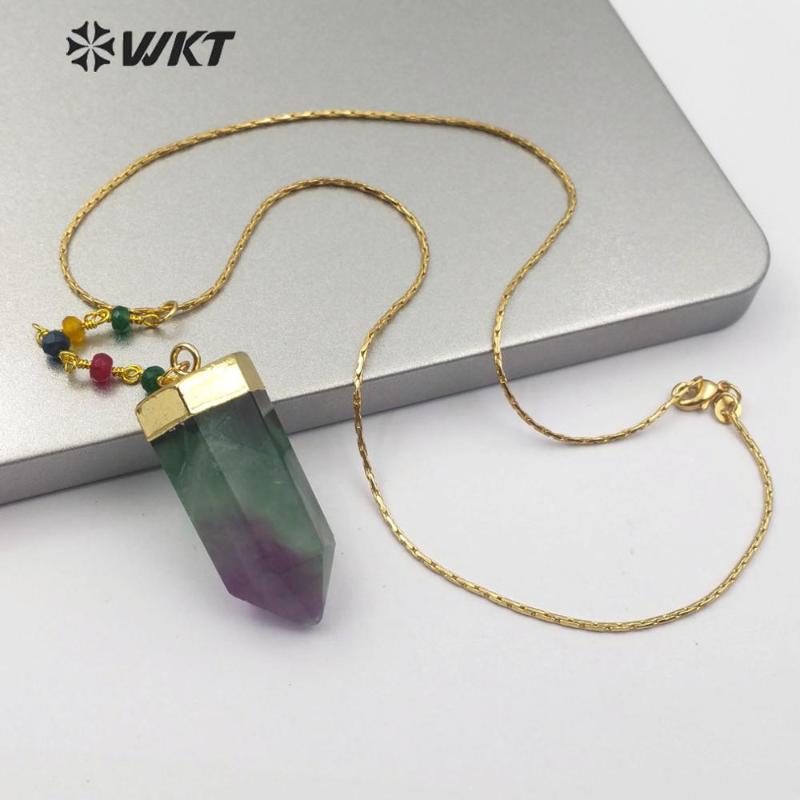 

Pendant Necklaces WT-N1180 Natural Fluorite Stone Necklace Colorful Pencil Cylindrical Gold Crystal Women Jewelry 2021