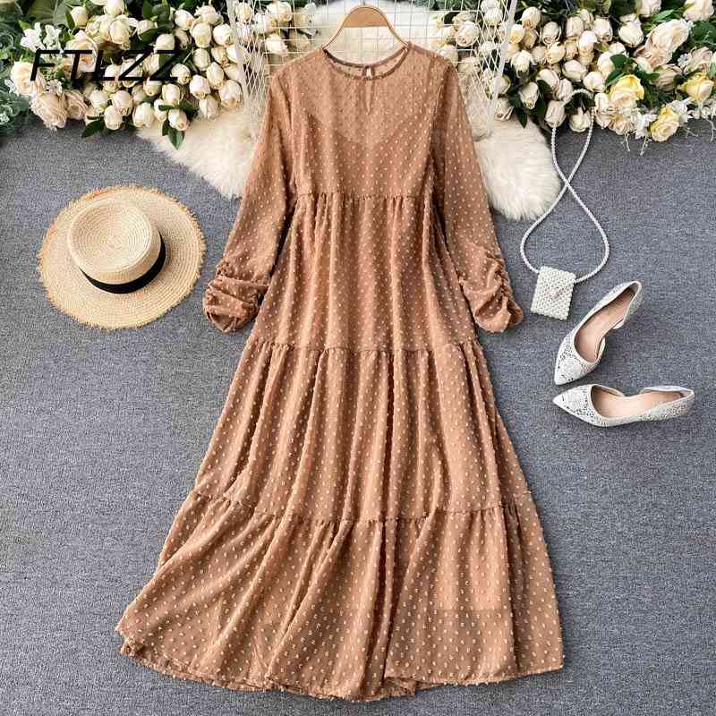 

Women Bohemian Long Robe Fashion Spring Summer Sleeve Chiffon Dot Loose Overisize Dresses Ladies Elegant Dress Vestidos 210602, Apricot