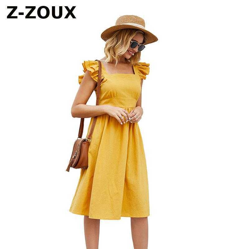 

Women Dress Ruffles Square Collar Yellow Dresses Bandage Plus Size Sleeveless Beach Summer Clothes 210524
