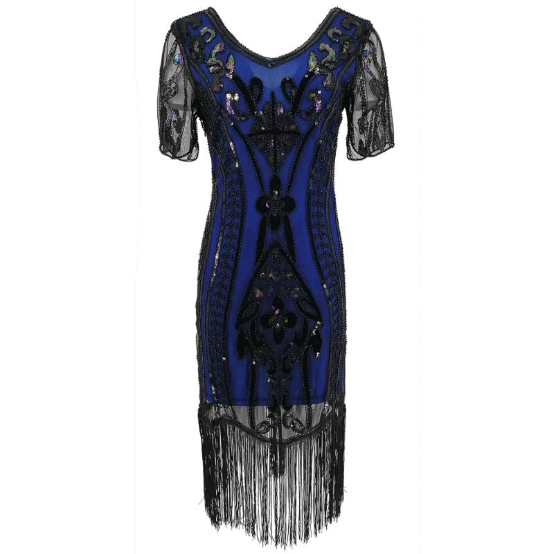 

Party Dresses 1838 1920s Flapper Dress Short Sleeve V-neck Sequin Fringe Vintage Women 20s Great Gatsby Long Vestidos, Beige