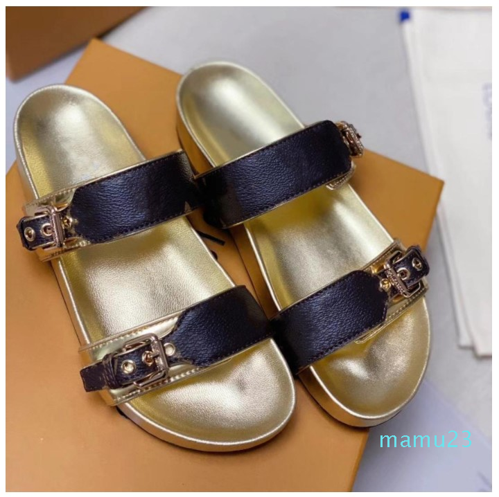 

2021 Men Women BOM DIA Sandal Flat Mule Double Leather Buckle Slide Designer Shoes Slippers FashionPrint Slipper Rubber Sole With Box, Color 4