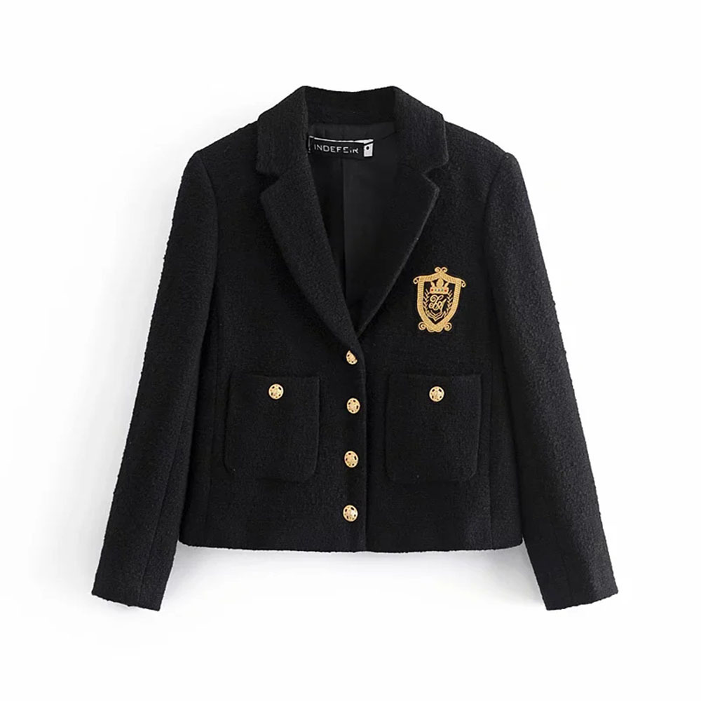 

Fashion Vintage College Style Women Black Tweed Jacket Single-breasted Pocket Long Sleeve Female Uniform Coat Casaco Femme 210520